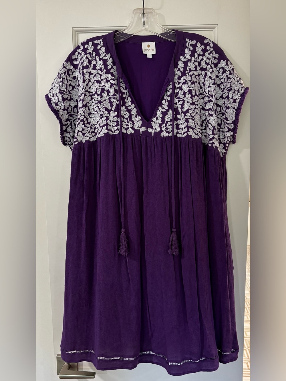 J. Marie Embroidered V-Neck Purple Dress with Tassel Ties